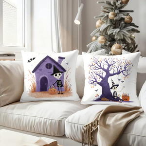 Halloween skeleton witch throw pillows decorate cozy living room sofa with festive pumpkins bats and purple truck design - Product Image 4