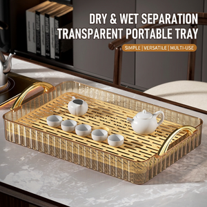 Plateau de service rectangulaire en plastique transparent avec poignées dorées, multifonctionnel pour le rangement des tasses, idéal pour le café, le thé et les réceptions - Product Image 4