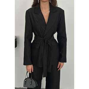 Elegant Black Belted <b>Suit</b> Set Women's Satin Pants <b>Jacket</b> Anti-Wrinkle 100% Polyester - Product Image 6