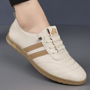 Aoweizhi Men's Summer Lace-Up Casual Round Toe Leather Shoes <b>Rubber</b> Outsole Anti-Slip Driving Embossed Logo Solid Color Striped - Product Image 1