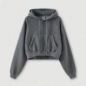 Atasan Crop polos cuci Vintage 2023 hoodie kustom wanita kelas berat disesuaikan 2 potong set hoodie dan rok panjang