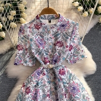 Robes de Soirée Femme : Robe Florale en Dentelle Romantique Française, Col Montant, Boutonnage Simple, Robe Longue Cintrée, Vêtements Tendance pour Femme
