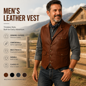 Gilet Western en cuir véritable marron pour homme, simple boutonnage, coupe classique, multi-poches, vêtement d'extérieur décontracté - Product Image 1