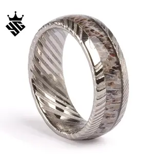 Antler inlay ring customized enamel damascus steel rings mens wedding bands