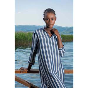 Robe chemise en coton et viscose pour femme, col en V, manches 7/8, bleu marine - bleu marine - Product Image 2