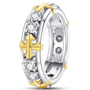 Anello A344 in Oro Bianco con Diamanti, Placcato in Oro 18K, Design a Croce, Diamanti Naturali Taglio Brillante Rotondo, Gioiello Unisex per Cerimonie Religiose - Product Image 1