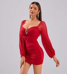 Abito Mini Aderente da Donna in Raso Antistatico, Maniche Lunghe, <span class=keywords><strong>Senza</strong></span> <span class=keywords><strong>Spalline</strong></span>, Vita Naturale, per Feste e Club - Product Image 4