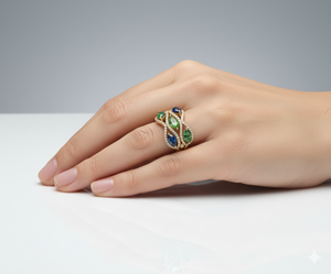 Bague de créateur en or multi-pierres précieuses et diamants, style saphir bleu et émeraude, bijou de mariage de luxe, bague statement - Product Image 6