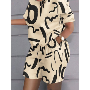 Costume de banlieue décontracté à manches courtes imprimé deux pièces pour femmes printemps été avec matériau Spandex/Polyester anti-boulochage 171 - Product Image 1