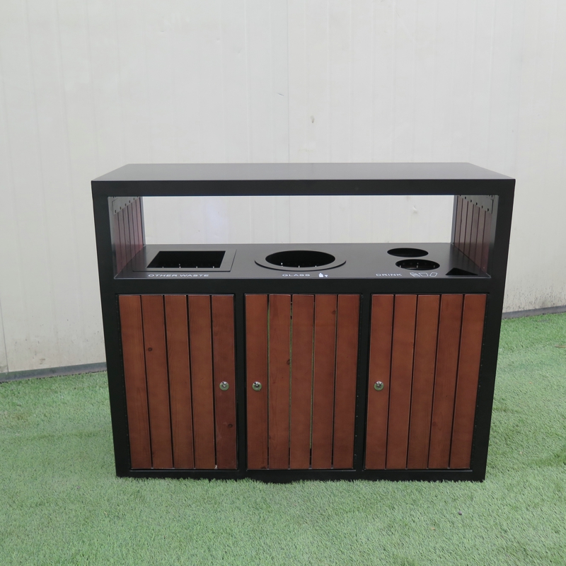 Garden Furniture Large Waste Container Outdoor Wooden Trash Bin Three Compartment Steel Garbage Bin