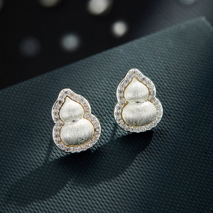 Chinese Style Gourd <b>Stud</b> <b>Earrings</b> S925 Silver <b>Blue</b> Turquoise Inlay Everyday Wear - Product Image 4