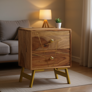 Comodino in Legno Massello di Acacia con 2 Cassetti, Stile Mid-Century Moderno, Mobile Contenitore per Soggiorno - Product Image 2