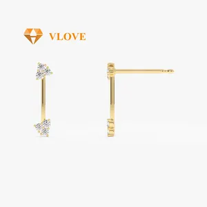 VLOVE Fashion Diamond Jewelry Solid Gold Jewelry 14k Vertical Bar Diamond Earrings