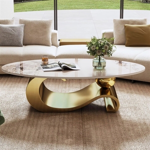 Mesa de <span class=keywords><strong>Centro</strong></span> Ovalada de Piedra Sinterizada de 49.2 Pulgadas, Base de Acero Inoxidable Dorado Contemporáneo, <span class=keywords><strong>Centro</strong></span> Moderno para Sala de Estar - Product Image 3