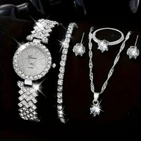 Ensemble de montres élégantes pour femmes en or et diamants, montre-bracelet à quartz tendance avec collier, bracelet, bague, boucles d'oreilles, ensemble de bijoux pour mariage