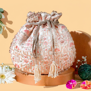 Handmade Embroidered Synthetic Brocade Silk Foundation Potli <b>Bag</b> Pearl Beaded <b>Wrist</b> Handbag Floral Needlework Pouch Wedding - Product Image 1