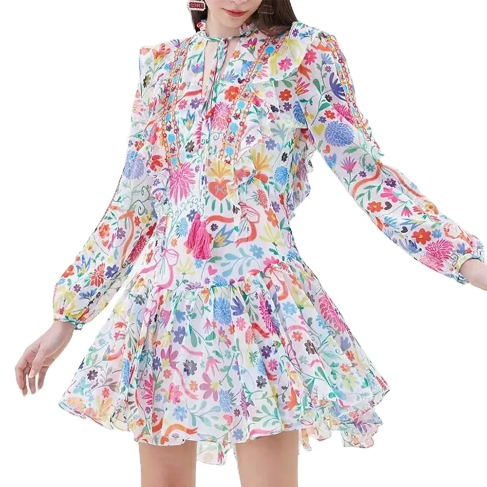 New Arrival Long Sleeve Printed Lace Pleated Dress Chiffon Dress Women Dresses Women