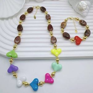 Ensemble de collier en perles dorées, bracelet à breloques en acrylique pastel, pendentif, bijoux, cadeau pour femmes - Product Image 5