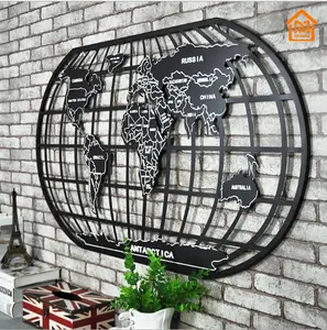 Mapa del mundo colgante de pared antiguo industrial de hierro forjado decoración de pared bar mapa creativo decoración de pared