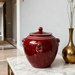 <span class=keywords><strong>Vaso</strong></span> in Ceramica Smaltata Rosso Scuro con Manico a <span class=keywords><strong>Testa</strong></span> di Leone per Arredamento di Lusso - Product Image 2