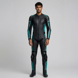 Men Leather Motorcycle Racing Suit <b>Black</b> Teal Color Blocked Full Sleeve <b>One</b> Piece <b>Bodysuit</b> - Product Image 1