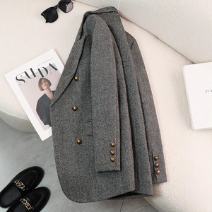 Women's Wool Blazer Gray Herringbone Pattern Double Breasted Loose Fit Casual Suit Jacket Plus Size Autumn Winter Style - Product Image 2