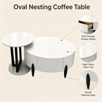 Table basse compacte de salon avec plateau en verre trempé, deux pièces séparées, tiroir coulissant silencieux ovale blanc brillant, fournie par OEM