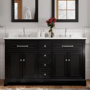 GODI American Black Artificial Stone Cabinet Free Standing Solid Wood Bathroom Vanities With Mirror