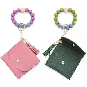 Porte-cartes personnalisé, porte-clés, porte-monnaie, bracelet en perles de silicone, perles en cuir, porte-clés avec pompon, porte-monnaie pour femme - Product Image 3
