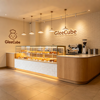 Airy Luxe Bakery & Coffee Market Stall Featuring Glass Display Case, Open Tiered Shelving, and Integrated Warm Lighting