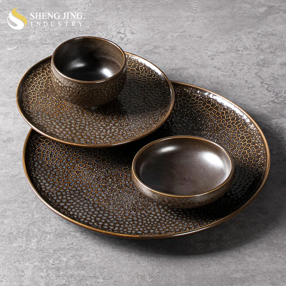 New Ceramic Brown Glaze Porcelain Western 4pcs Dinnerware Sets Japandi Hotel Crockery Stock Restaurant Tableware Set