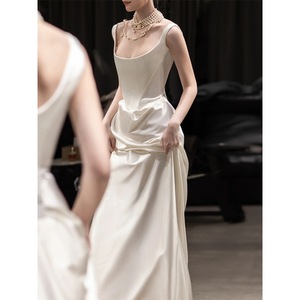 Satin Wedding Dress Milky White Square Collar Natural Waist Zipper Back Bridal Gown For Daily Wear X057 - Product Image 4