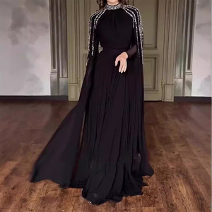 Vestido Largo Elegante para Mujer con Cuello Alto, Pliegues y Cuentas, Largo hasta el Suelo, Estilo Noche, Cintura Imperio, Cierre Frontal con Cremallera - Product Image 1