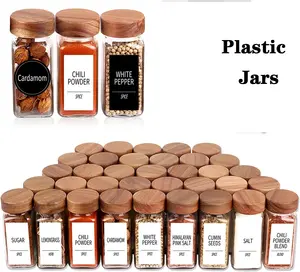 Hotsale empty PET 4 fluid ounce square plastic spice seasoning jars set with water transfer wood grain cover cap