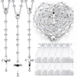 Collier chapelet en cristal bleu, violet et rose, bijoux religieux catholiques, ensemble cadeau avec pendentif croix et sacs en organza - Product Image 3