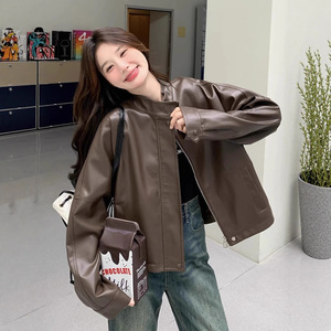 Maillard Coffee-Brown Solid <strong>Petite</strong> Leather Womens 2025 Autumn New Arrival High-End Street-Style <strong>Biker</strong> <strong>Jacket</strong> Shorter Frames - Product Image 2