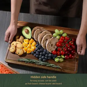 Set papan potong kayu 3 ", untuk dapur, Set papan potong kayu besar dengan alur dan pegangan jus dalam