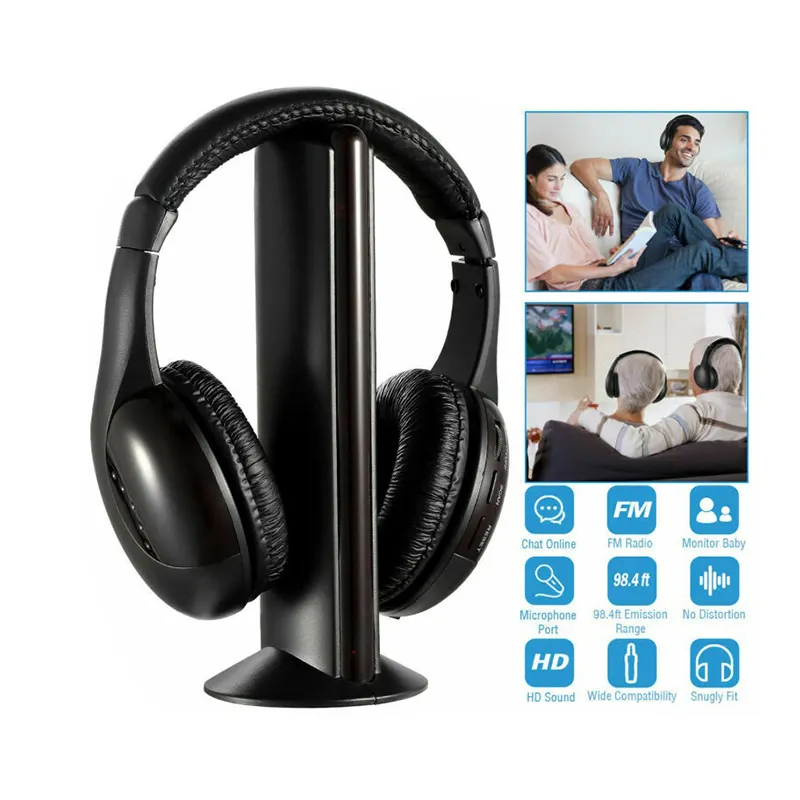 5 ב 1 Hi-Fi אלחוטי אוזניות ספורט אוזניות עבור טלוויזיה DVD MP3 מחשב שחור RF אוזניות אוניברסלי רעש ביטול קול אוזניות