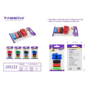 3 rouleaux de sacs à déjections pour chiens biodégradables imperméables avec motif de patte rouge, violet et blanc - Product Image 6