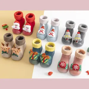 KTS450 Custom Autumn Winter Thickened Warm Indoor Floor Christmas Non-Slip Rubber Baby Toddler Shoes Socks With 0-3 Years old
