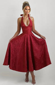 Abito da Sera Elegante Midi Lungo da Donna di Alta Qualità in Jacquard Bianco con Corsetto, Allacciatura al Collo a V, Schiena Scoperta, Senza Maniche e Allacciatura Posteriore - Product Image 3