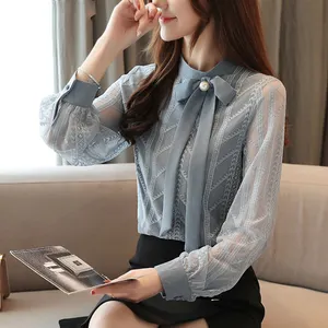 Блузка женская кружевная с длинным рукавом, модная офисная ажурная рубашка, топ, большие размеры