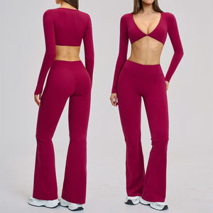 Nouvelle Collection 2026 : Ensemble de Sport 2 Pièces Sexy pour Femme – Pantalon Évasé et Haut à Manches Longues avec Coussinets Amovibles – Idéal Yoga et Course à Pied - Product Image 1