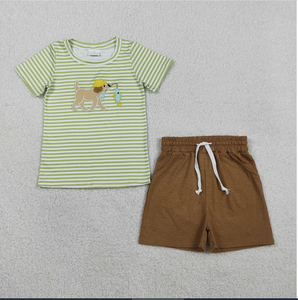 Ensemble de vêtements d'été pour enfants BSSO1768, haut à rayures vertes avec broderie chiot pêcheur et short marron - Product Image 6
