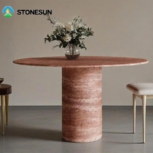StoneSun <span class=keywords><strong>Table</strong></span> de salle à manger ronde élégante en travertin rouge Pied cylindrique Pierre de marbre en travertin rouge pour <span class=keywords><strong>table</strong></span> de cuisine - Product Image 4