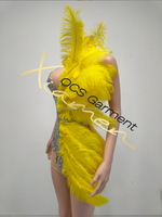 Robe de soirée mini jaune Ocstrade avec bordure en plumes d'autruche, ornée de strass et de dentelle, pour femme