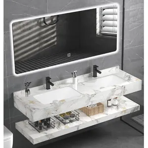 欧式浴室浮动梳妆台酒店供应商120厘米双盆水槽梳妆台发光二极管镜子浴柜