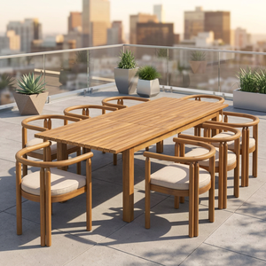 Ensemble de salle à manger d'extérieur moderne en teck 8 places, résistant aux intempéries, mobilier de jardin en bois massif, table de patio, chaises rembourrées, parasol - Product Image 3