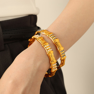 Bamboo Joint <b>Bracelet</b> Gold Tone <b>Crystal</b> Rhinestone Inlay Unisex Fashion Jewelry - Product Image 1
