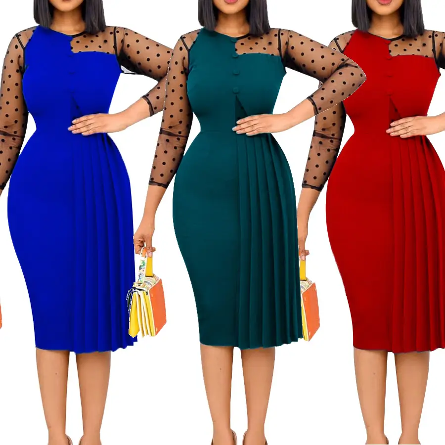 Fashion Mesh Sleeve Sexy Women dress Plus size Office Casual Dress Over Sized Formal Dresses Spring XXXL Business wear for Women